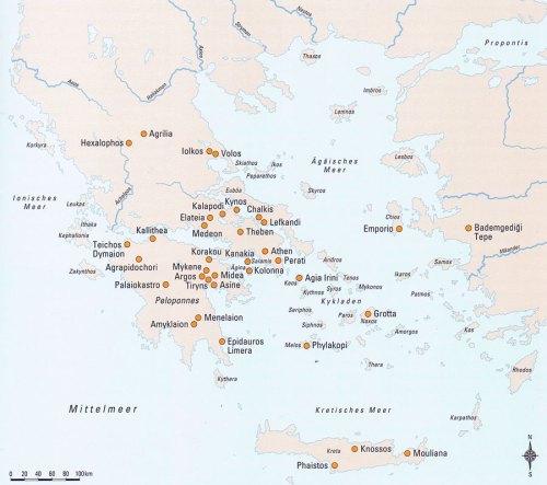 Εικ. 3: Χάρτης με τις κύριες ΥΕ θέσεις στον Αιγαιακό χώρο (κατά: Badisches Landesmuseum Karlsruhe 2008, 59).